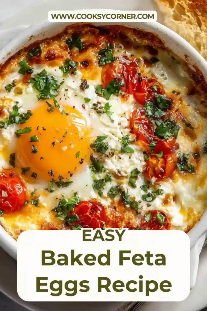 Mediterranean baked eggs with feta cheese and roasted vegetables.