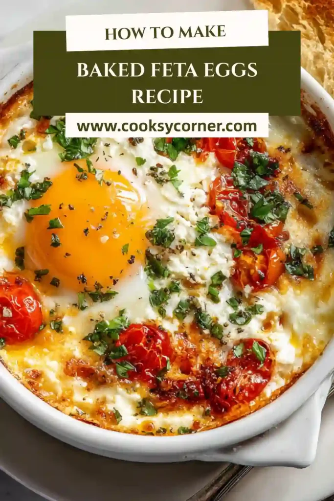 Baked Feta Eggs with tomatoes, spinach, and herbs in a baking dish.