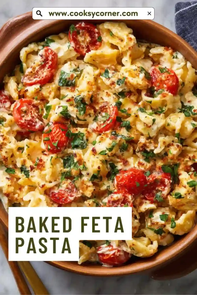 Close-up of baked feta mashed with roasted tomatoes and garlic.