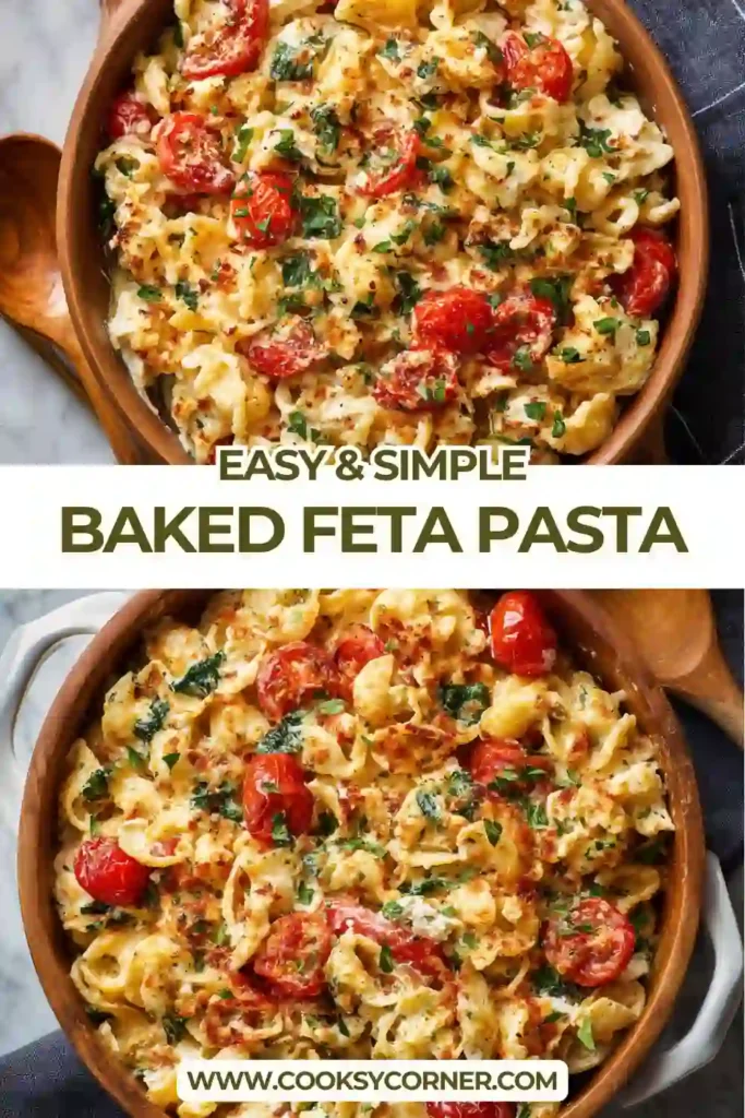 Baked feta pasta with roasted tomatoes and spinach served warm.