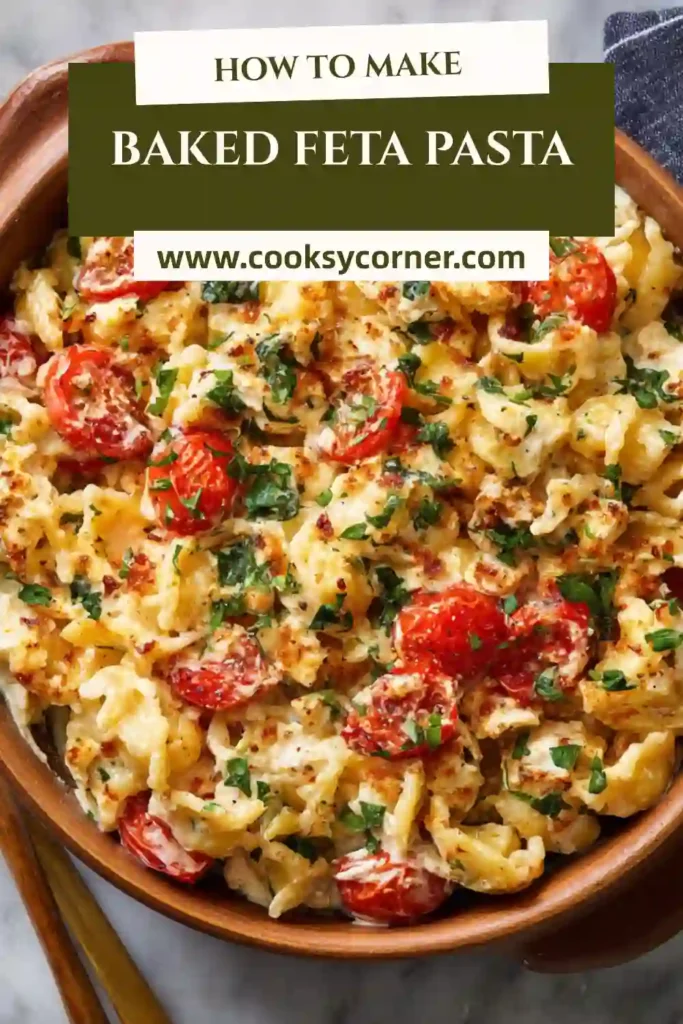 Baked feta pasta with roasted tomatoes and spinach served warm.