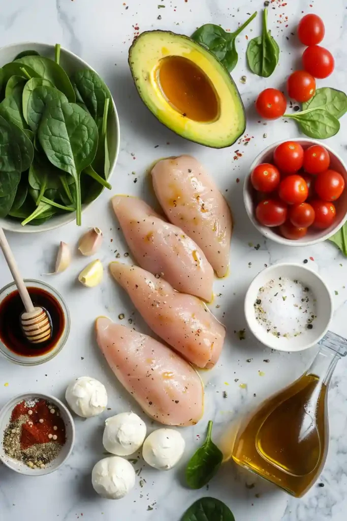 Overhead view of chicken mozzarella salad with balsamic vinaigrette and fresh vegetables.