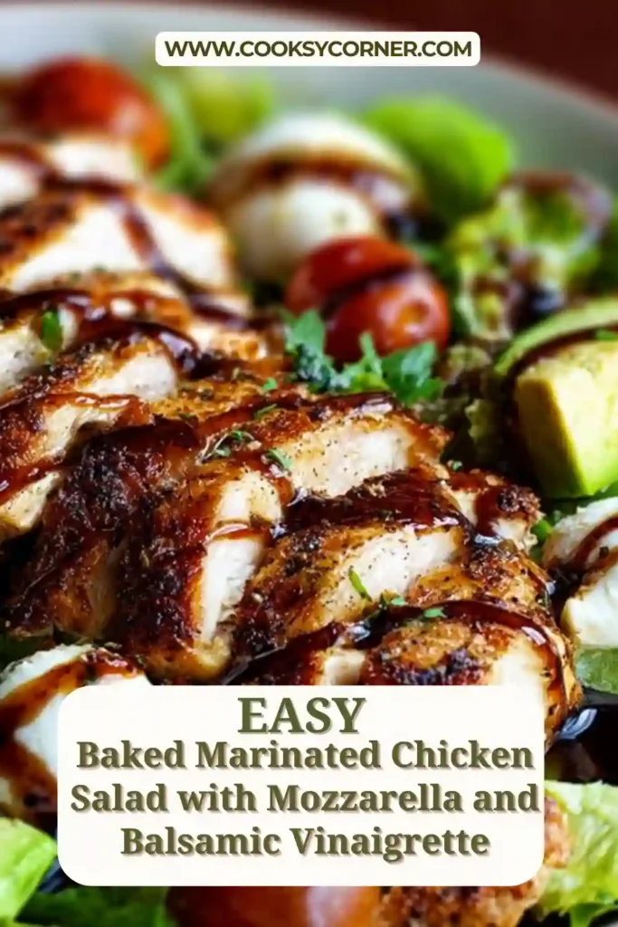 Close-up of baked chicken slices with mozzarella, avocado, and tomatoes drizzled with balsamic vinaigrette.