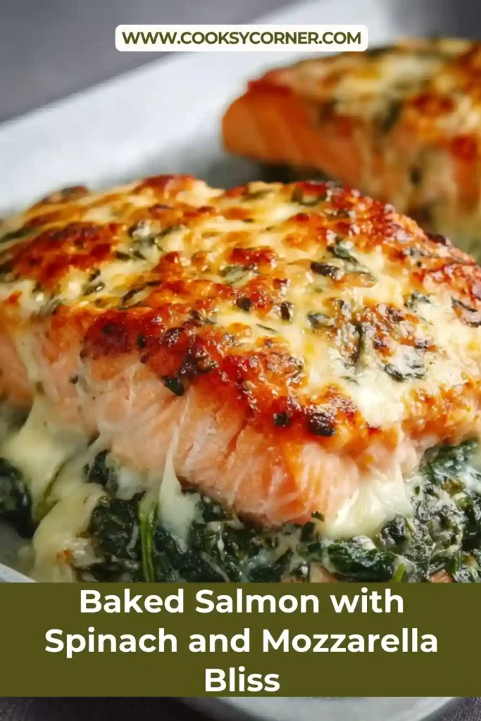Baked Salmon with Spinach and Mozzarella fresh from the oven, topped with creamy spinach and melted cheese. The salmon is flaky and golden, perfect for a comforting dinner.