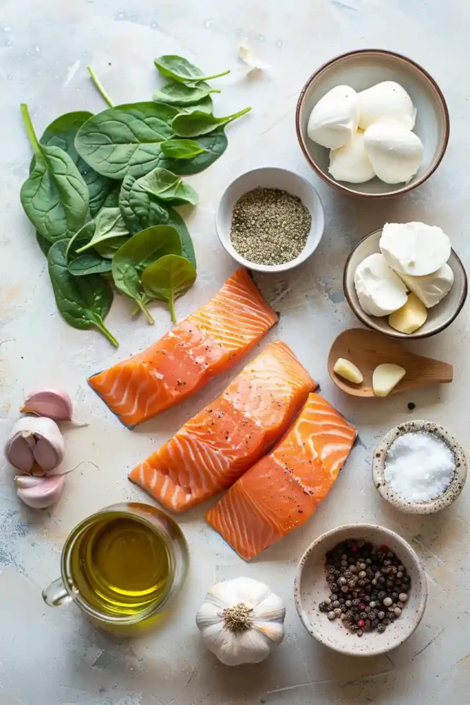 Homemade baked salmon with spinach and mozzarella in a baking dish, cheese melted and lightly golden on top.