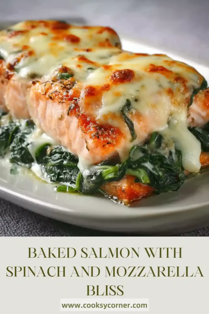 Close-up of baked salmon fillets covered in creamy spinach and bubbly mozzarella cheese. This oven baked salmon dish looks rich and satisfying.