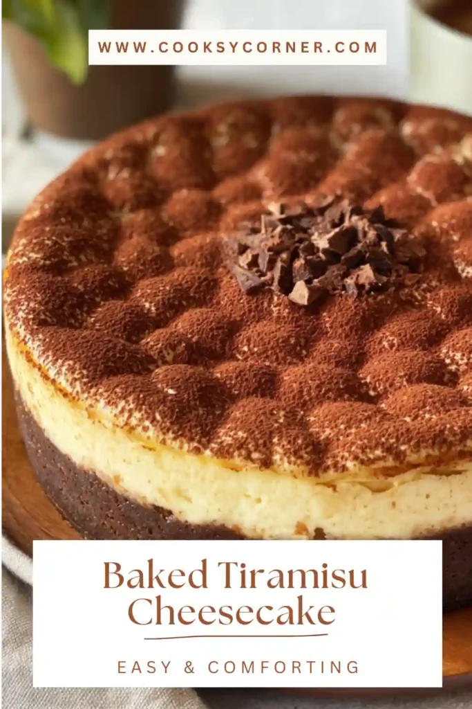 Slice of baked tiramisu cheesecake revealing coffee-soaked ladyfingers and rich mascarpone cheesecake layers. Finished with cocoa powder.