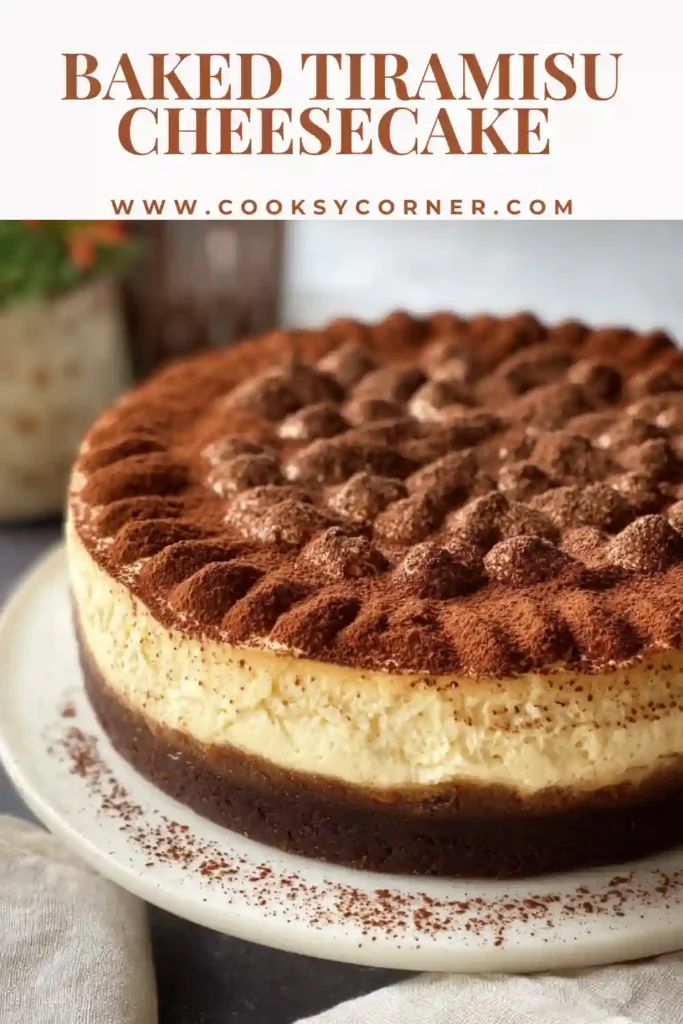 Homemade baked tiramisu cheesecake topped with coffee mascarpone cream and cocoa. A rich Italian-inspired dessert.
