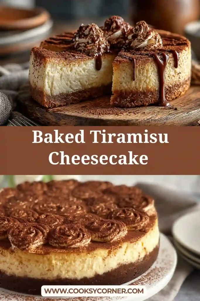 Creamy baked tiramisu cheesecake on a plate with visible chocolate crust and espresso flavor layers.