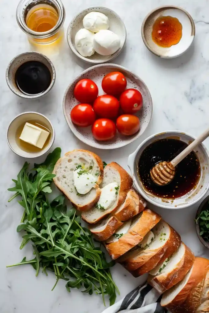 Vegetarian Caprese panini sandwich served warm with balsamic glaze and fresh herbs.