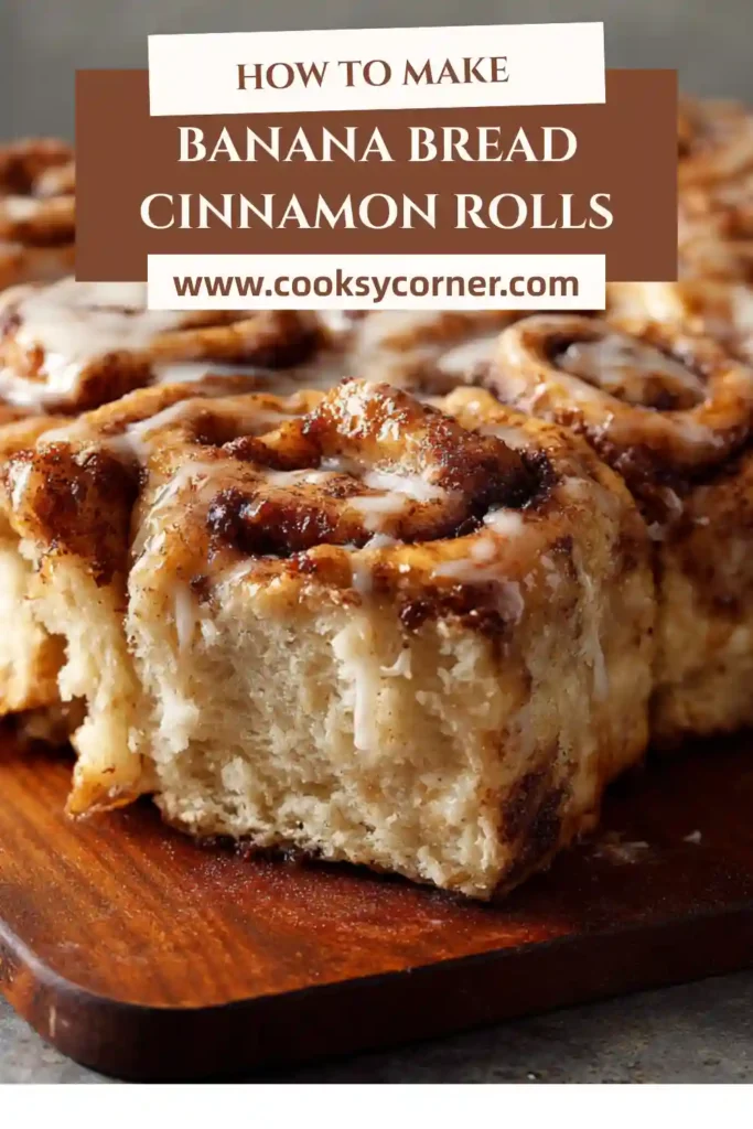 Banana bread cinnamon rolls topped with cinnamon cream cheese frosting.