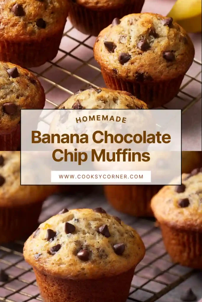 Banana chocolate chip muffins baked until golden with melted chocolate chips on top.