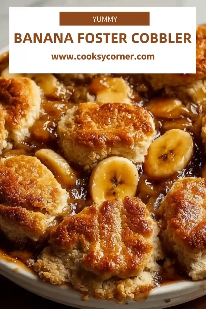 Close-up of banana foster cobbler showing rich banana filling and buttery crust, ideal for a cozy night treat.