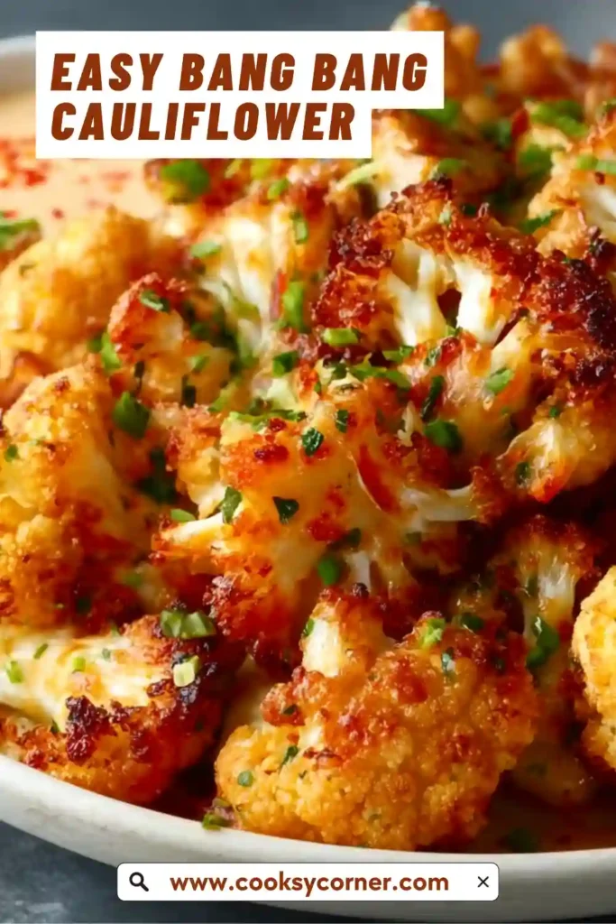 Oven-baked Easy Bang Bang Cauliflower showing crunchy panko coating and rich bang bang glaze.