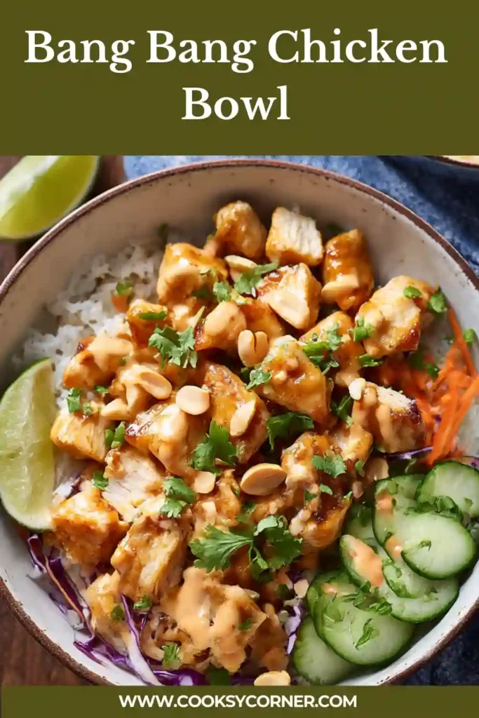 Bang Bang Chicken Bowl with rice and fresh vegetables.