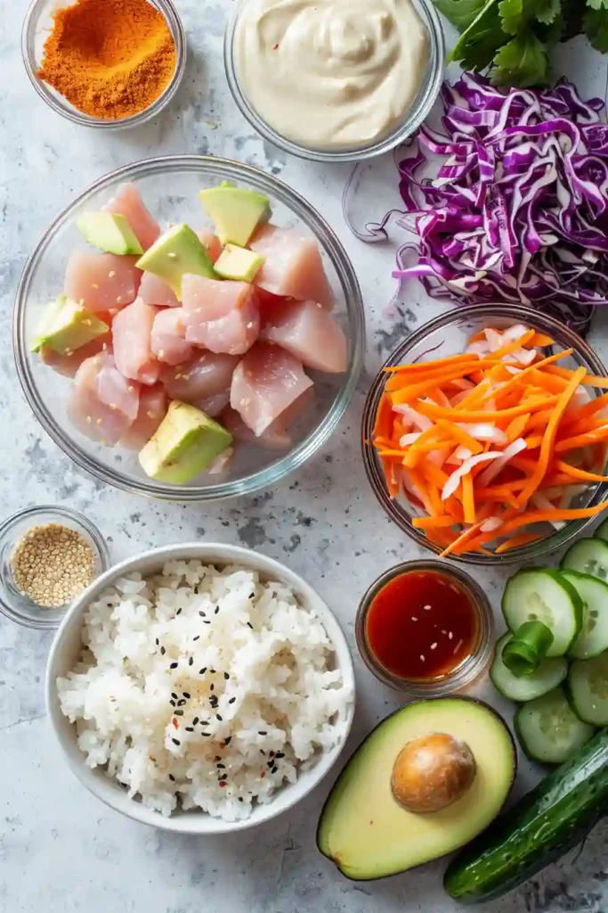 Sweet and spicy chicken bowl with avocado and cabbage.
