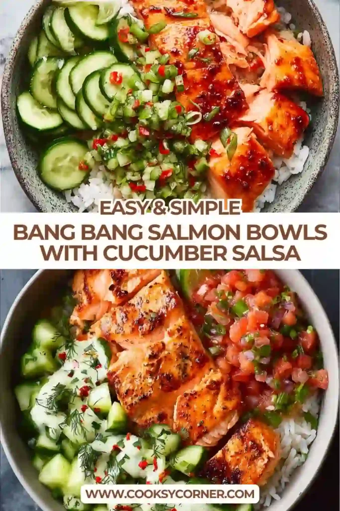 A healthy bang bang salmon bowl featuring flaky salmon, fluffy rice, and refreshing cucumber salsa drizzled with creamy sauce.