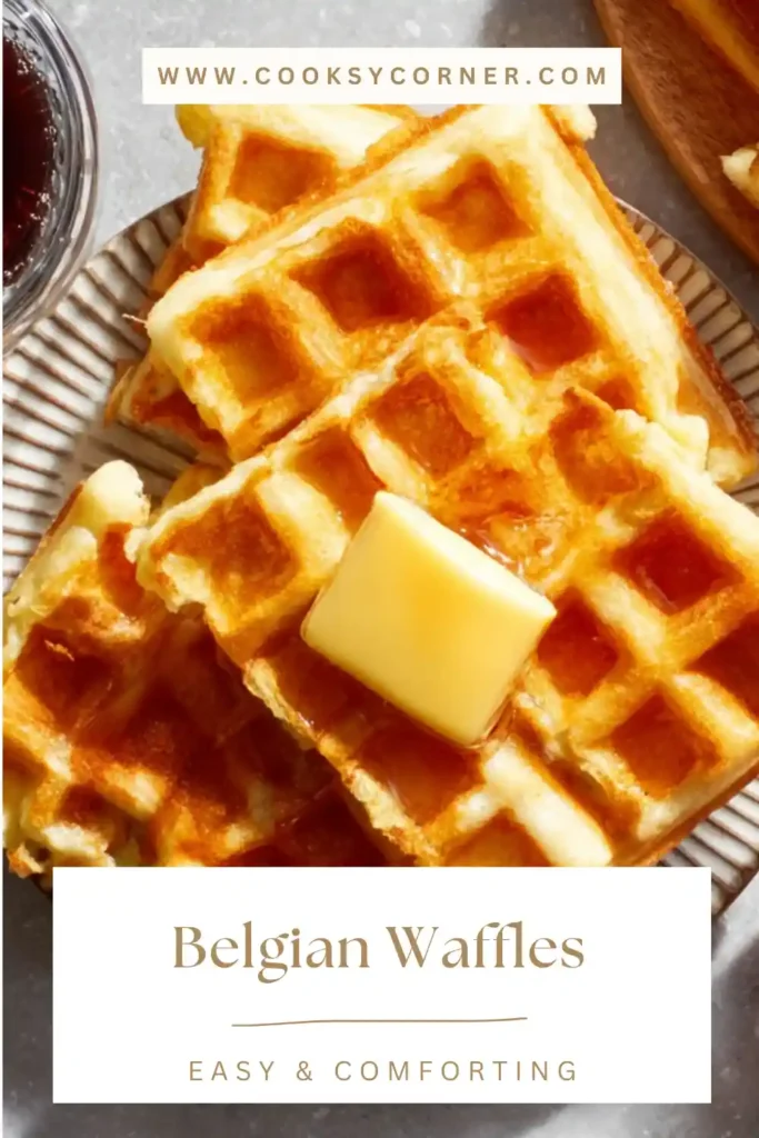 Freshly cooked Belgian waffles served warm with maple syrup, showcasing crispy edges and soft centers.