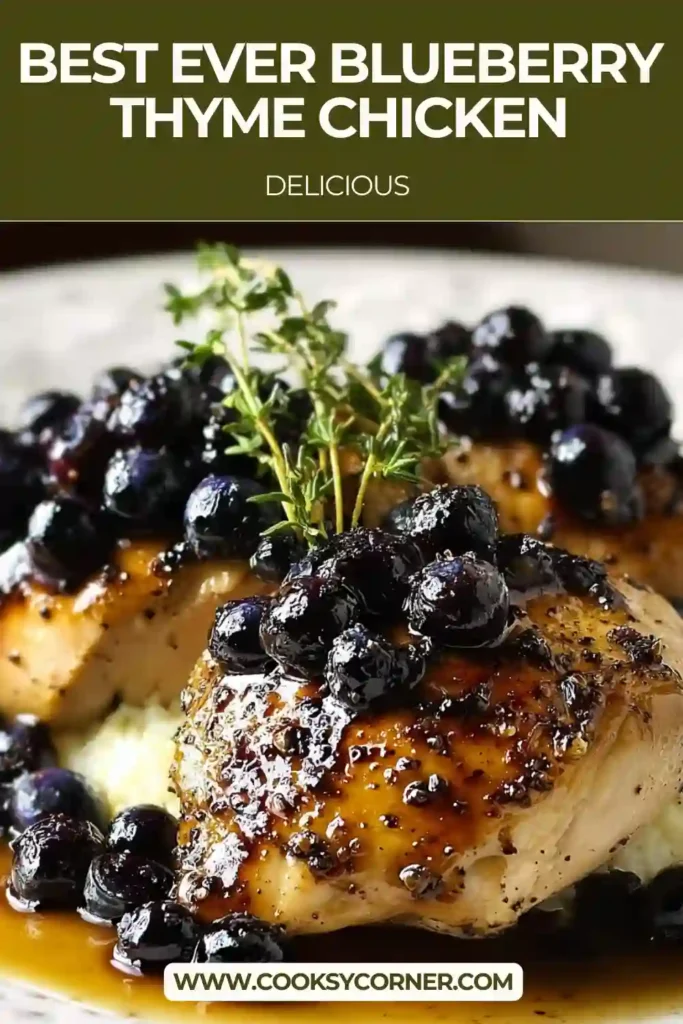 Close-up of Best-Ever Blueberry Thyme Chicken topped with fresh blueberries and herbs. A perfect balance of sweet and savory flavors.