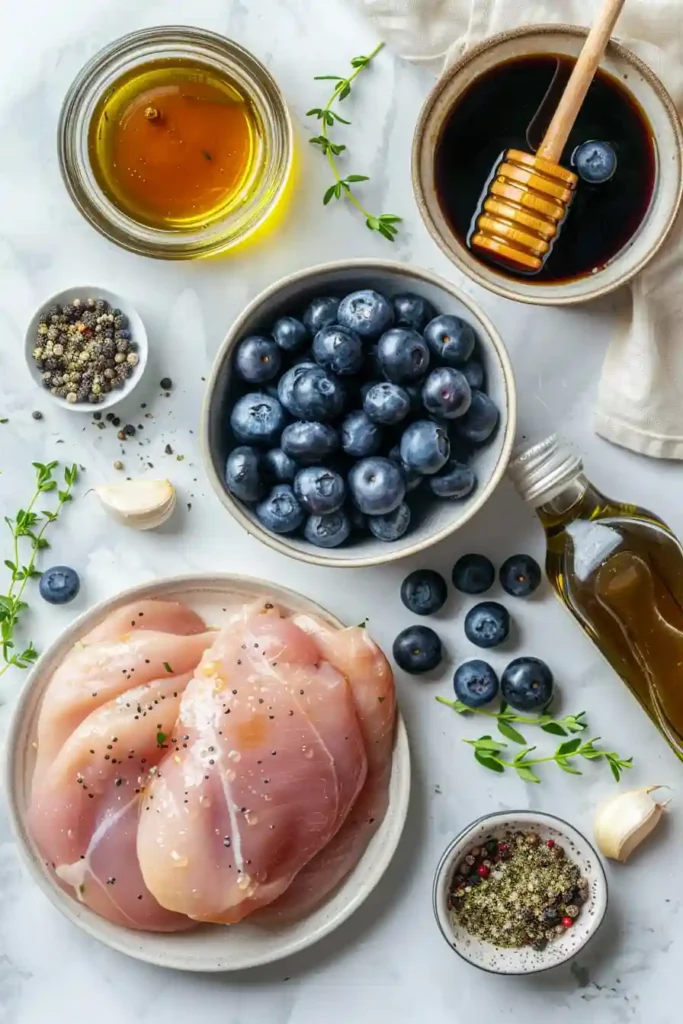 Skillet of blueberry thyme chicken fresh from the oven with tender chicken and rich sauce. An elegant yet easy chicken dinner.