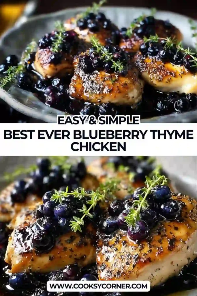 Oven-baked blueberry thyme chicken with golden chicken breasts and bursting blueberries. The balsamic glaze coats every bite beautifully.