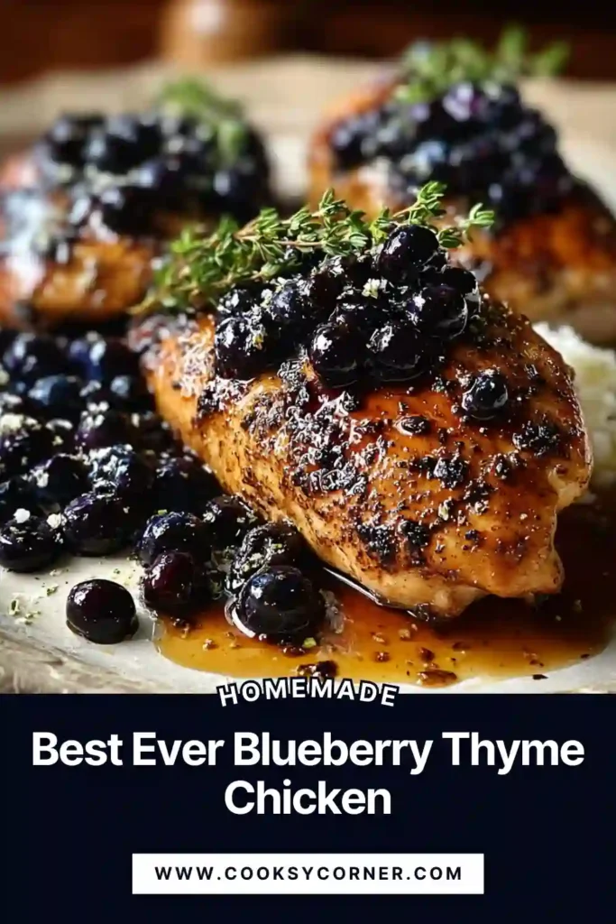 Best-Ever Blueberry Thyme Chicken served in a skillet with juicy chicken breasts and glossy blueberry sauce. Fresh thyme adds a fragrant finish to this savory-sweet dish.