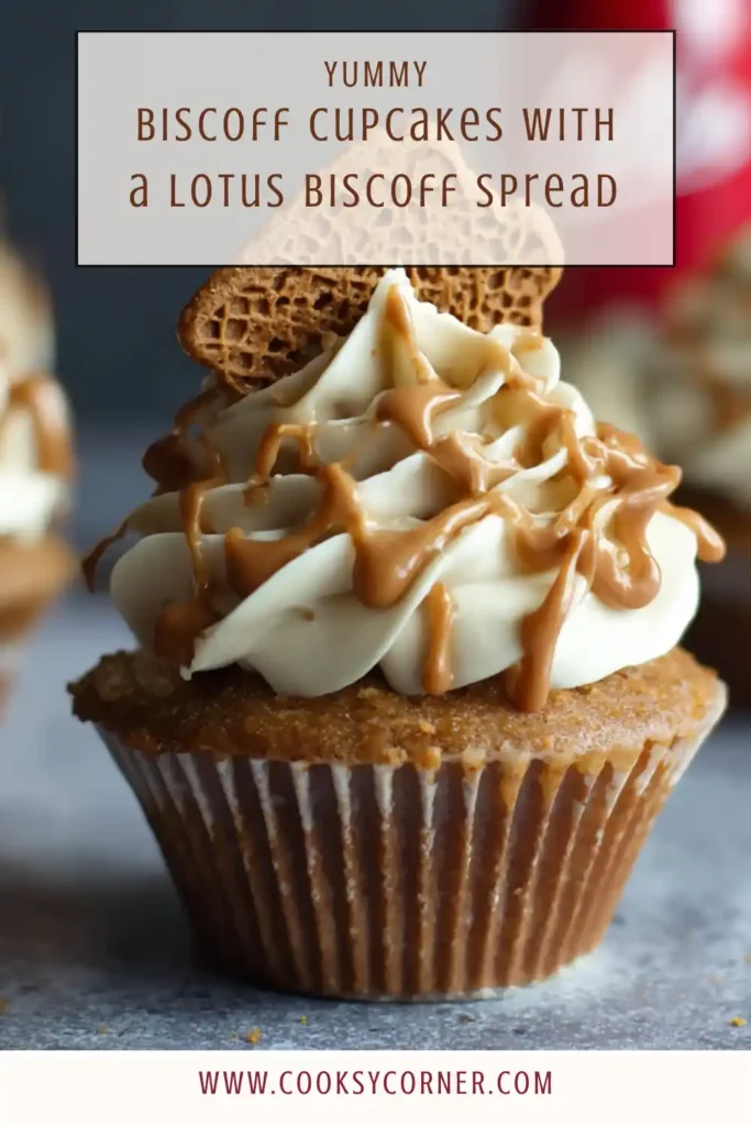 Biscoff cupcakes topped with Swiss meringue buttercream and Lotus biscuits.
