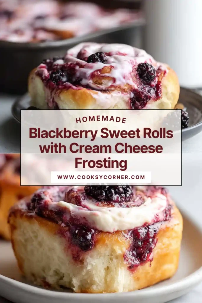 Homemade blackberry sweet rolls arranged in a baking dish and generously frosted. The texture appears soft with vibrant purple blackberry swirls.