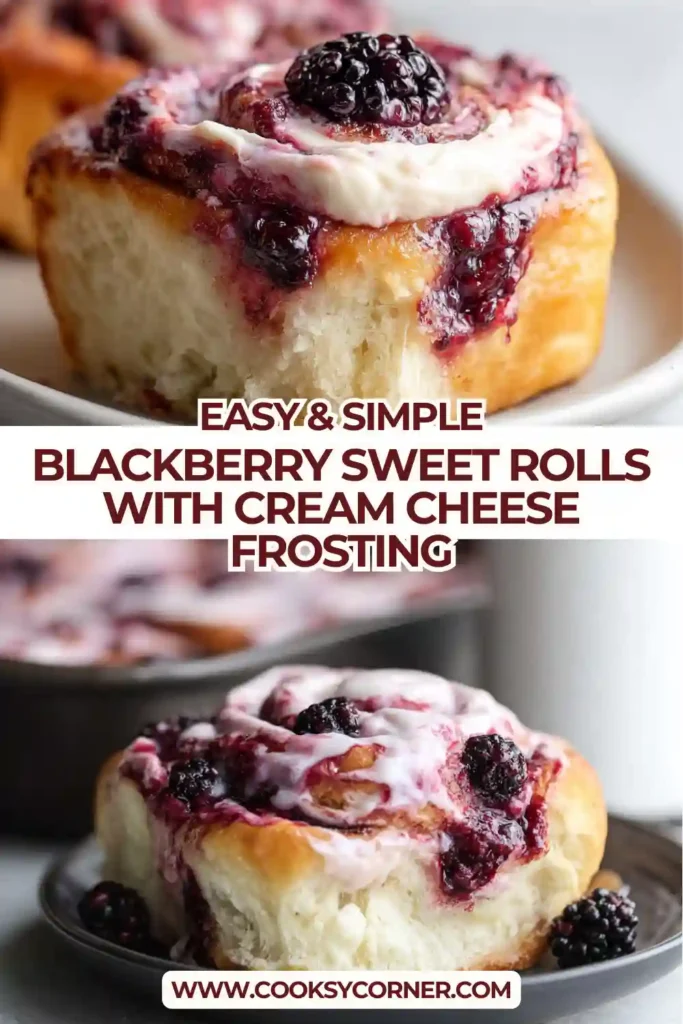 Freshly baked blackberry sweet rolls topped with creamy blackberry cream cheese frosting. A close-up shows tender dough and juicy fruit filling.