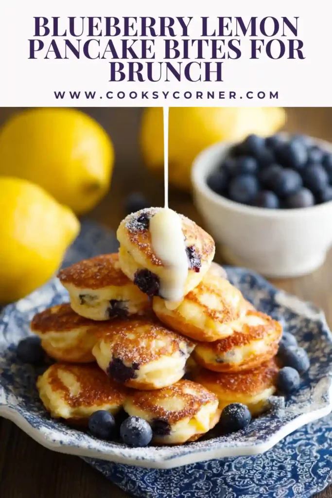 Stack of blueberry lemon pancake poppers with icing on a brunch table. Bright lemon flavor and juicy blueberries shine through.
