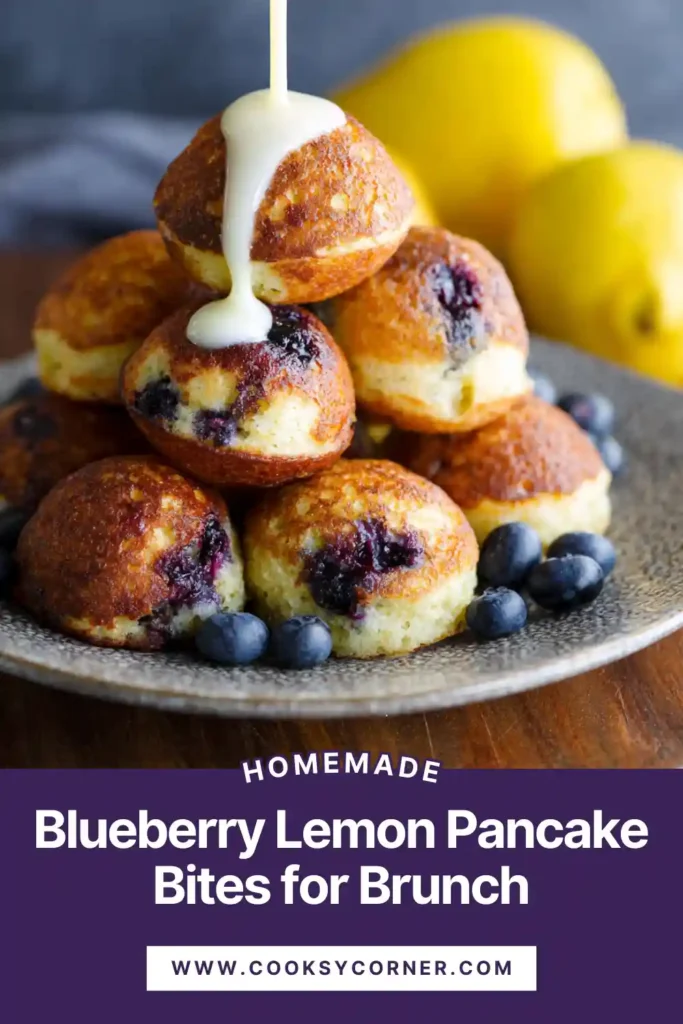 Blueberry Lemon Pancake Bites served warm with cream cheese icing drizzled on top. These fluffy brunch pancake bites are golden and filled with fresh blueberries.