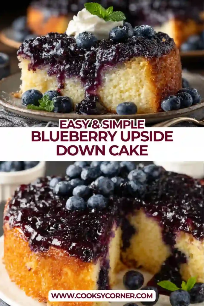 A freshly flipped blueberry upside down cake showing caramelized blueberries and soft crumb. Lemon zest adds a fresh finish.