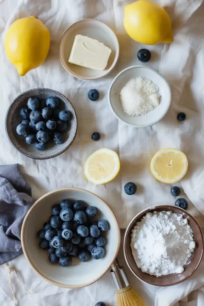 Close-up of blueberry upside down cake with juicy blueberries baked into a buttery sugar layer and tender cake.