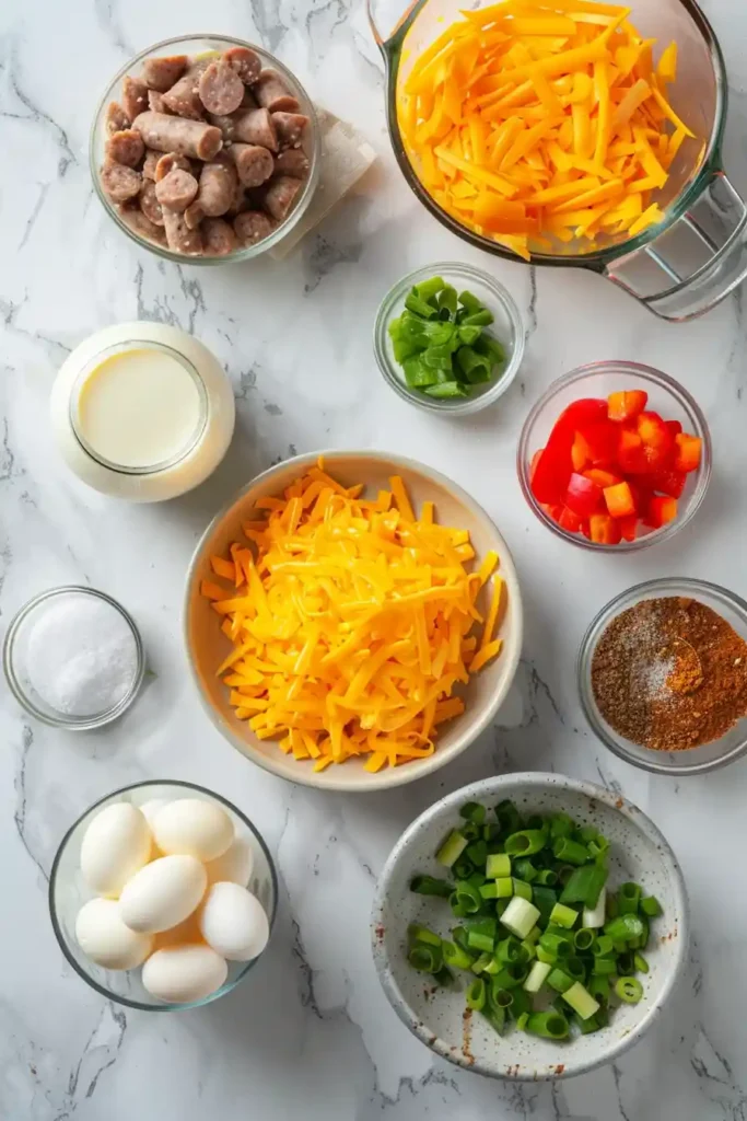Freshly baked breakfast casserole served warm with visible layers of eggs, sausage, and peppers.