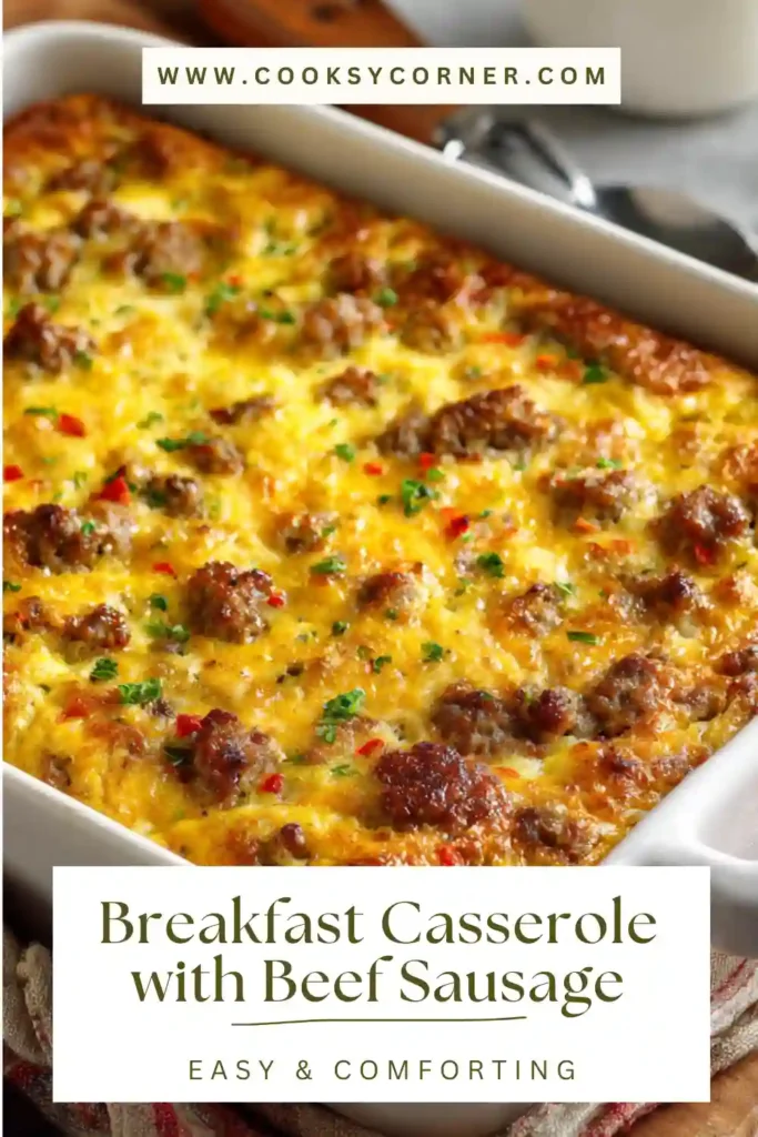 A sliced breakfast casserole made with eggs, beef sausage, and melted cheese in a baking dish. Perfect for family breakfasts or brunch.