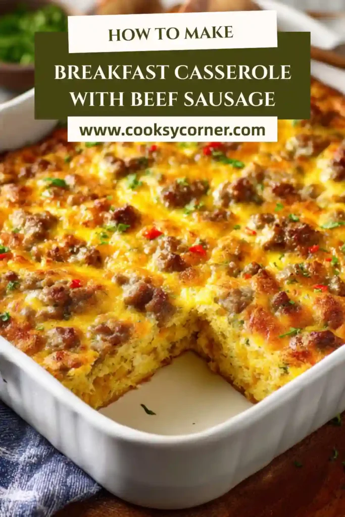 This breakfast casserole features fluffy eggs, beef sausage, cheddar cheese, and colorful peppers baked until golden. A comforting and hearty breakfast dish.