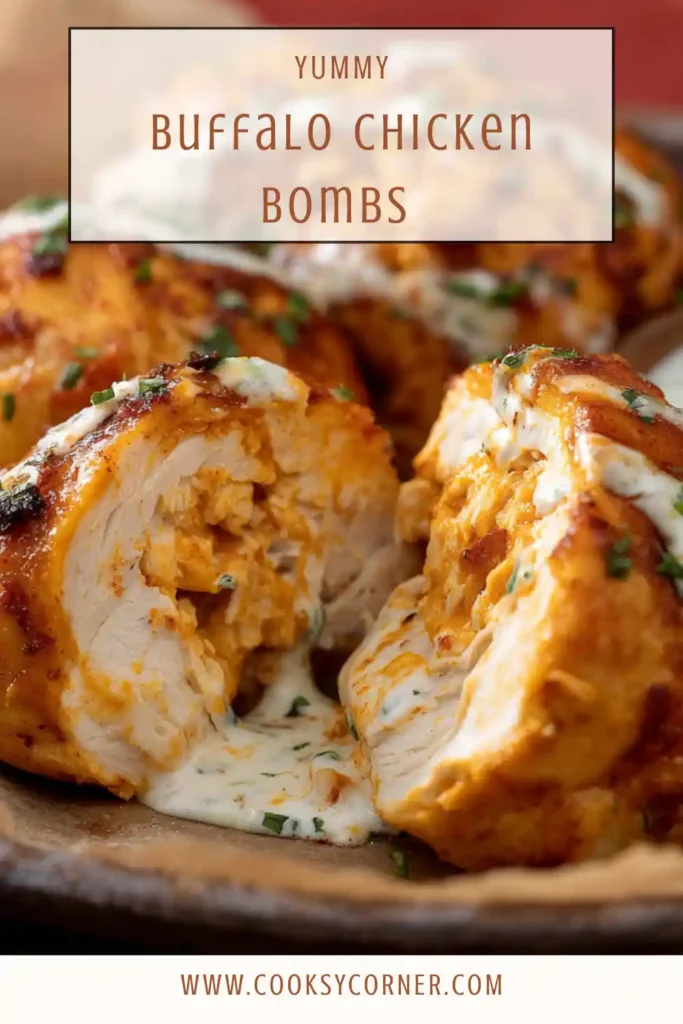 Buffalo Chicken Bombs baked until golden with cheesy buffalo chicken filling visible inside. These biscuit bombs are served warm with ranch dressing for dipping.