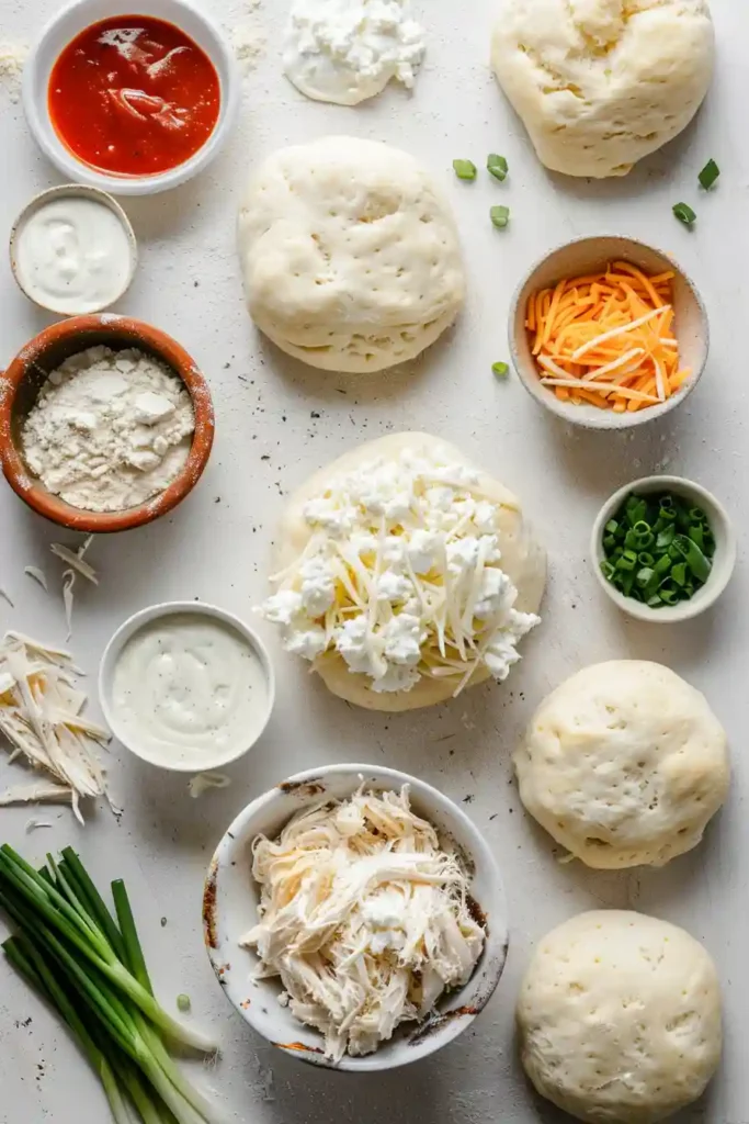 Buffalo Chicken Bombs arranged in a skillet with dipping sauces. An easy buffalo chicken appetizer made with biscuits and cheese.
