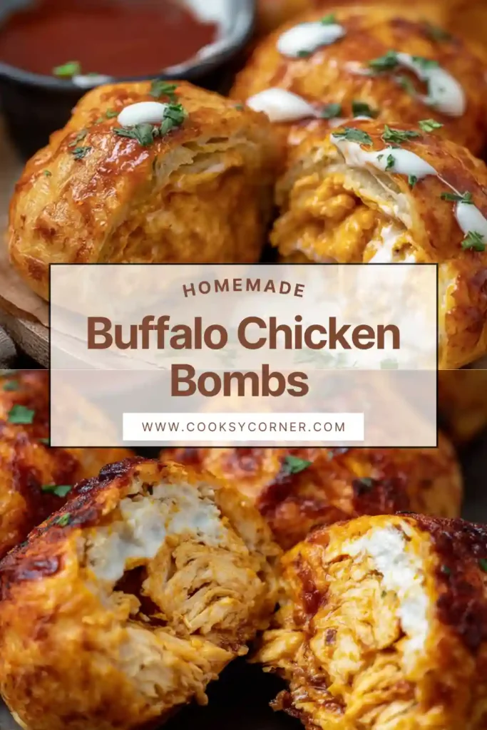Close-up of cheesy Buffalo Chicken Bombs made with biscuit dough and shredded chicken. A perfect baked appetizer for parties and game day.