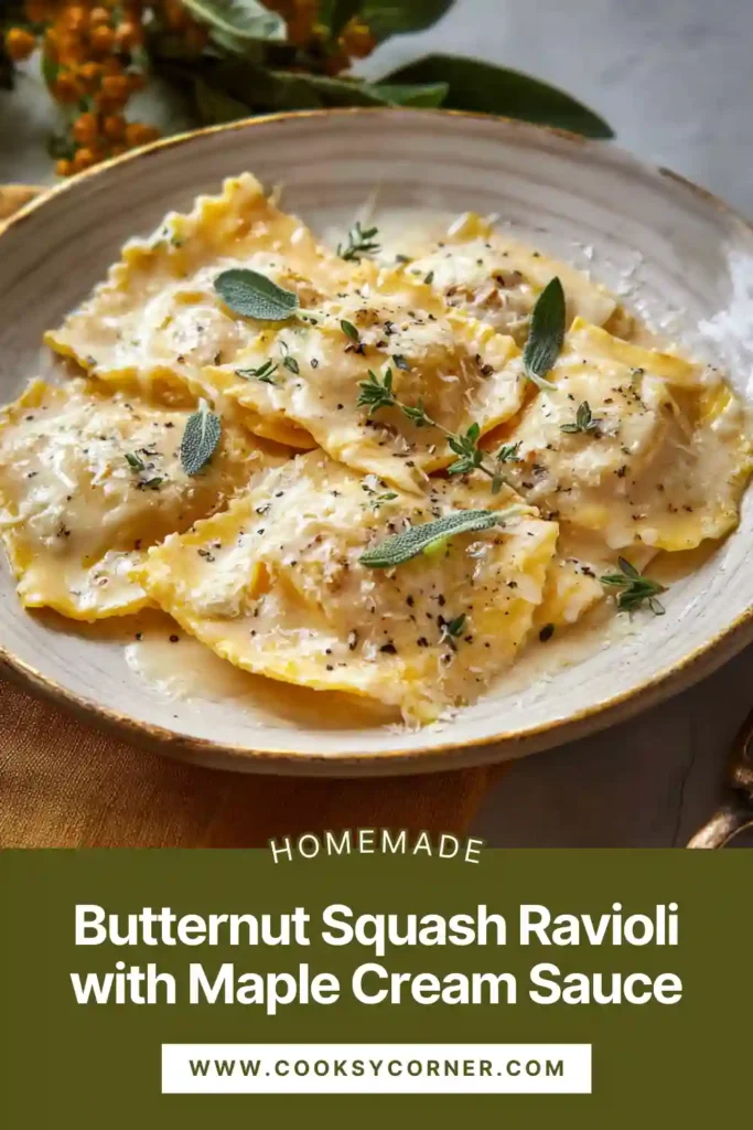 Creamy butternut squash ravioli served warm with a smooth maple-infused sauce.