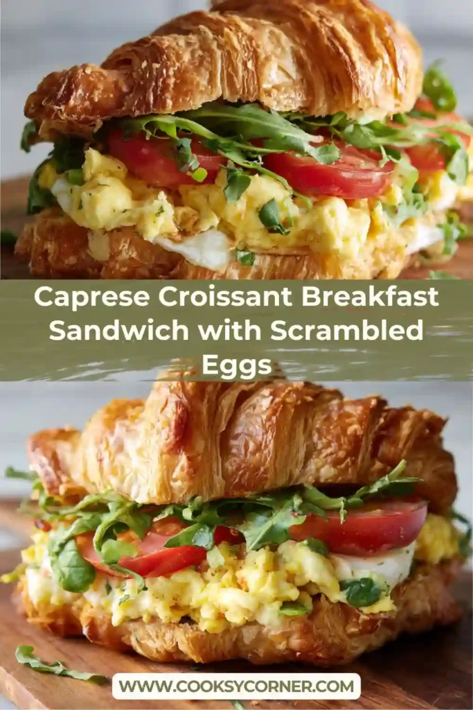 Close-up of Caprese croissant sandwich showing fluffy eggs and creamy mozzarella.