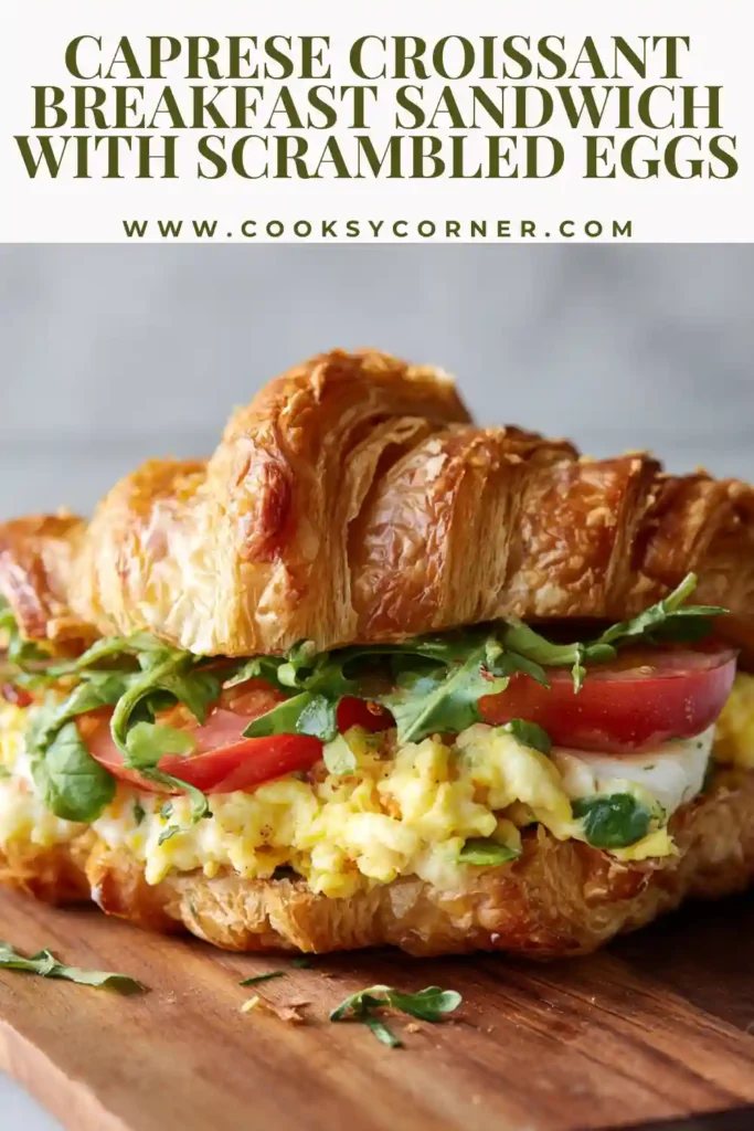 Croissant breakfast sandwich filled with scrambled eggs, fresh mozzarella, basil pesto, and tomatoes.