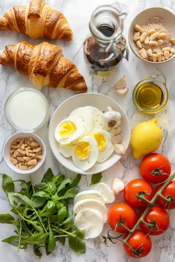 Breakfast croissant sandwich with pesto, eggs, and balsamic glaze drizzle.
