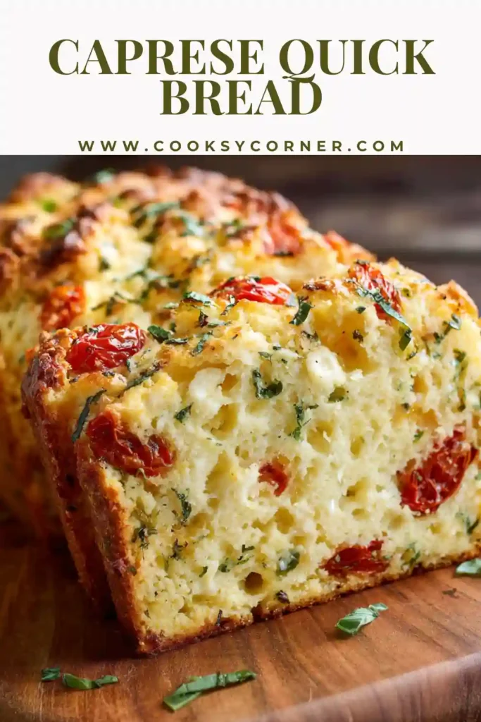 Caprese Quick Bread sliced on a wooden board.