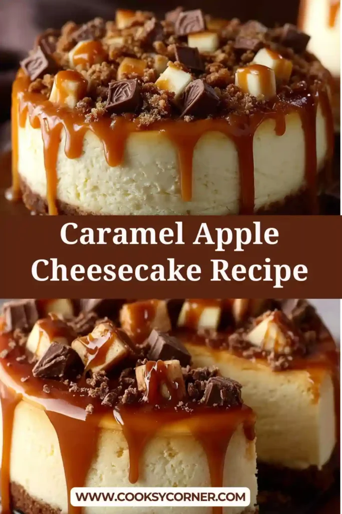 A slice of caramel apple cheesecake showing layers of smooth cheesecake, tender apples, and rich caramel topping. This baked apple cheesecake looks indulgent and inviting.