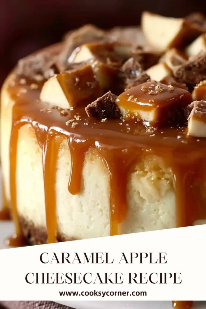 Close-up of caramel apple cheesecake with creamy texture and apple pieces throughout. This apple cheesecake with caramel is rich and comforting.