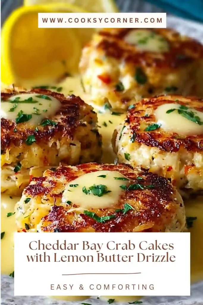 Close-up of cheesy crab cakes with golden crust and lemon butter drizzle.