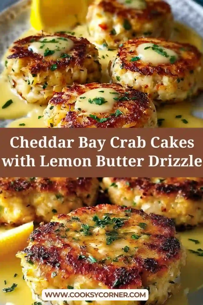 Cheddar Bay crab cakes drizzled with lemon butter on a serving plate.
