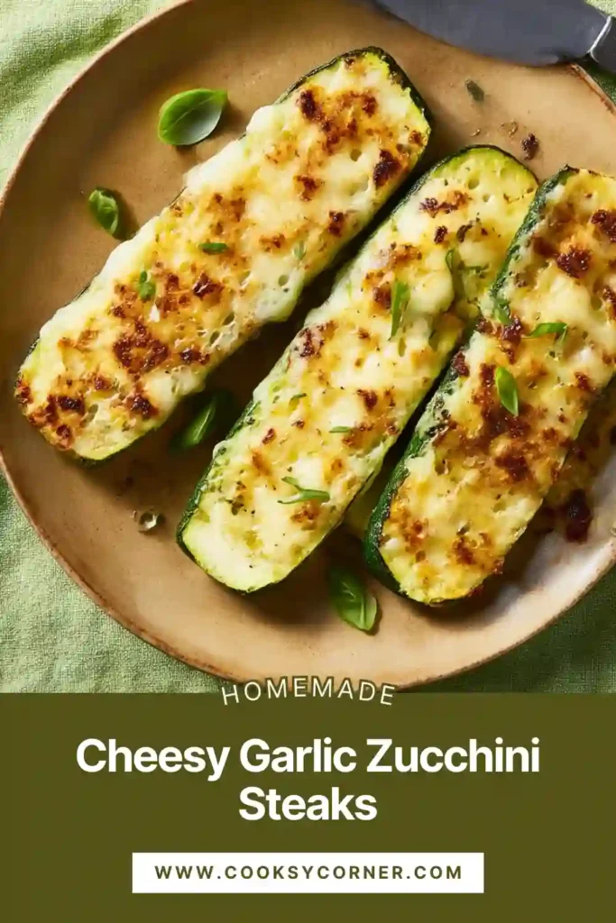 Roasted zucchini steaks with golden cheese and fresh basil garnish.