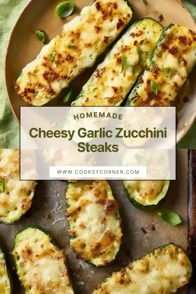 Close-up of zucchini steaks topped with garlic oil and parmesan cheese.